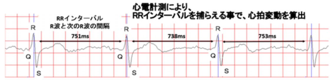 図：心電計測により、PRインターバルを捕らえる事で、心拍変動を算出